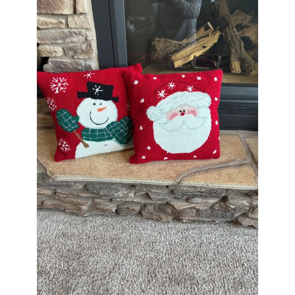 Christmas Decor Santa and Snowman Hand Hooked Throw Pillow Set Red Holiday 15X14